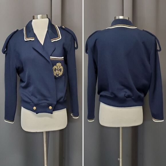 Vintage 80s Navy Blue Gold Crest Knit Nautical Collared Preppy Cardigan Sweater - Picture 1 of 7